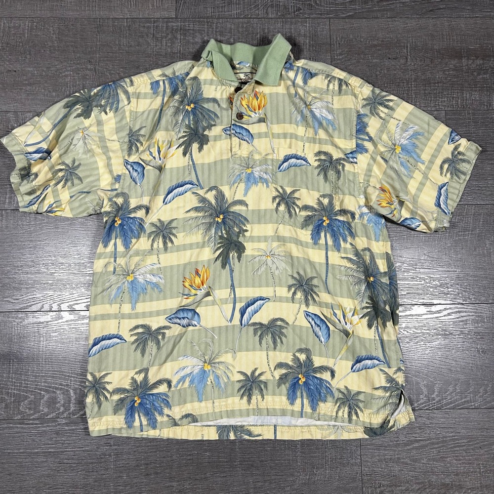 Tommy Bahama Mens Large Silk Polo Shirt Tropical Palm Tree Stripe Sage Green L